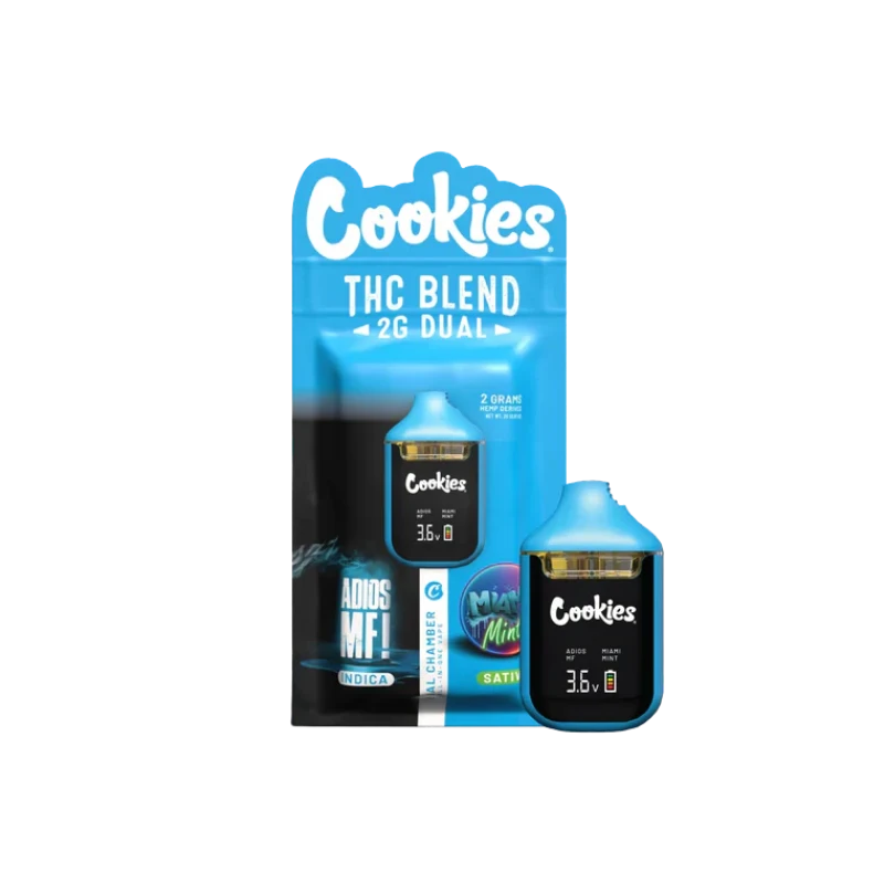 Desechable dual chamber Cookies Adios MF y Miami Mint, THC-A 2000 mg, cepa híbrida, dos cámaras independientes